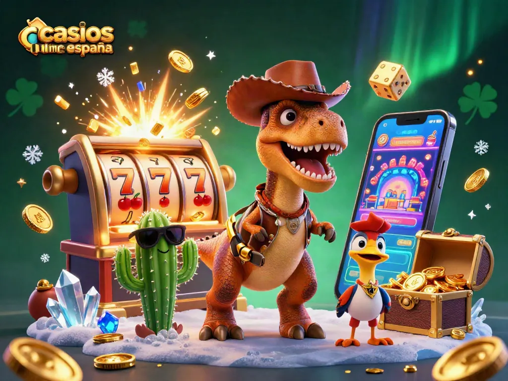 Imagen vibrante de los mejores casinos online España, mostrando un dinosaurio cowboy y una máquina tragamonedas desbordante.