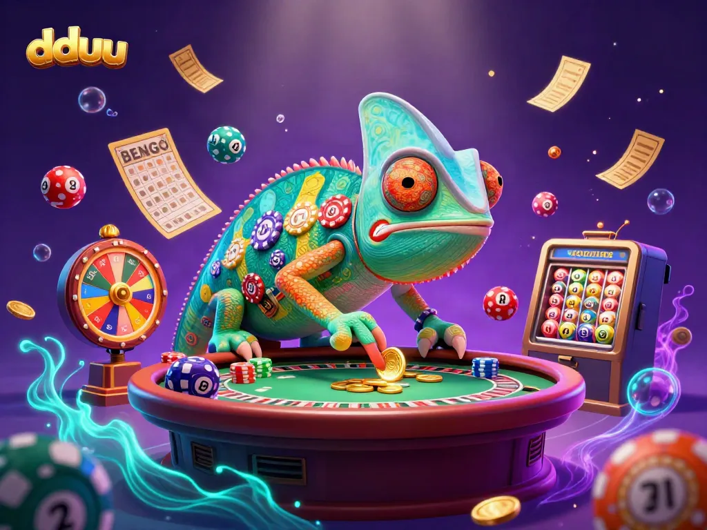 Engage with dduu's vibrant casino experience as the chameleon owner captures golden coins in a colorful gaming scene.