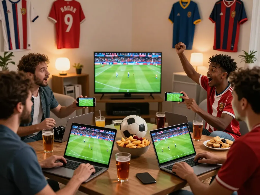 Fans enjoying live soccer match on luongson117.tv in a lively home setting.