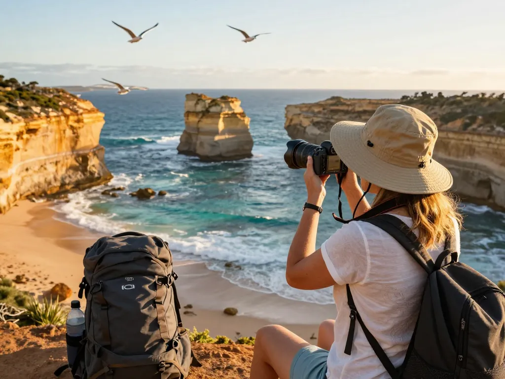 Traveler capturing the stunning coastal beauty of Australia at sunset.