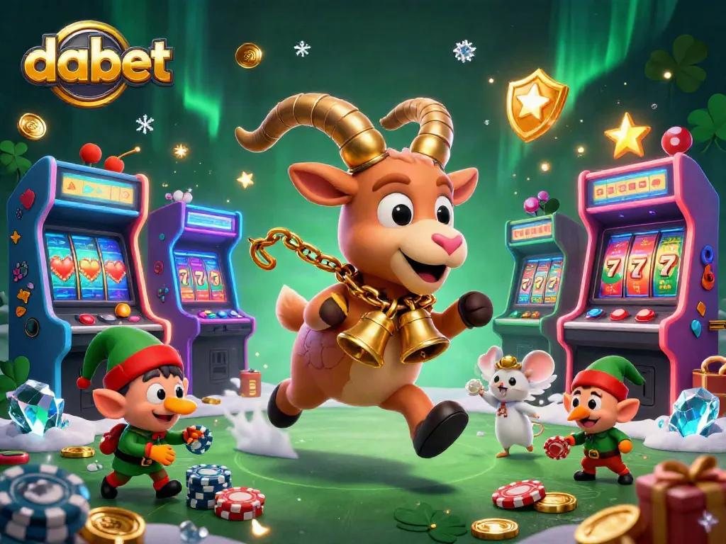 Dabet-themed holiday-horror casino illustration with festive Krampus goat, angel mouse, and mischievous elves.