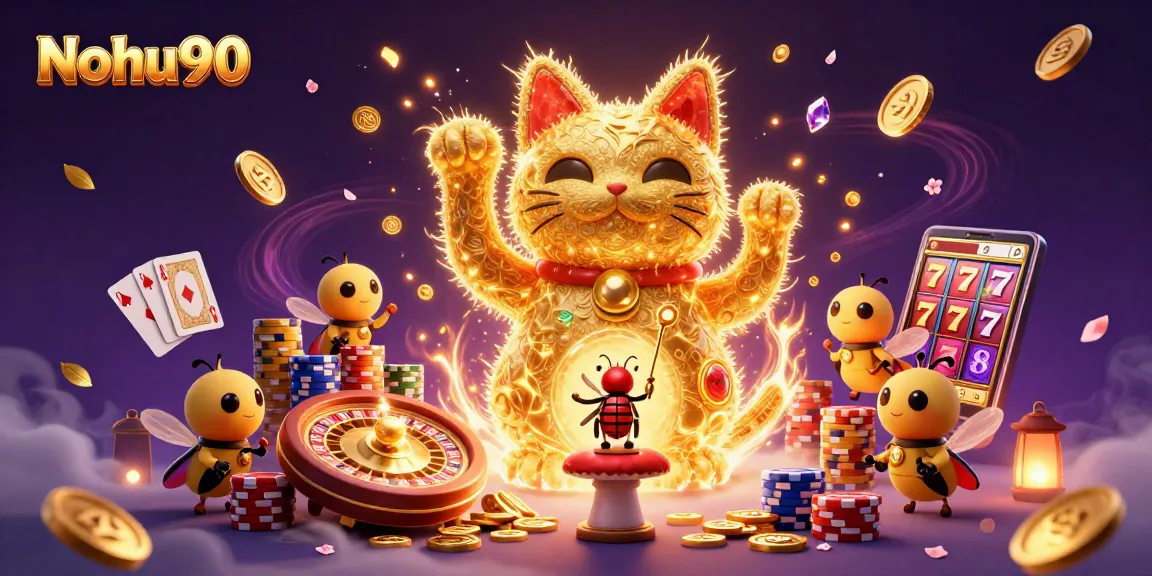 Nohu90 engages players with a vibrant 3D lucky cat showcasing casino elements amidst cascading coins and gems.