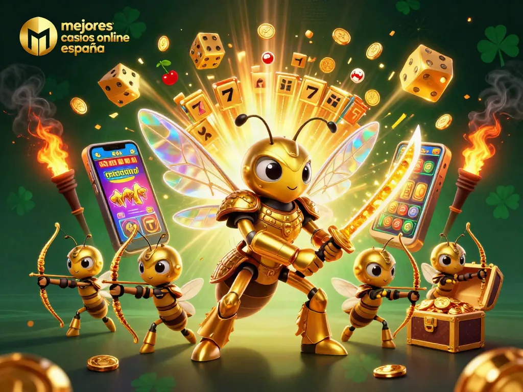 Explora los mejores casinos online España con un diseño vibrante de tragamonedas y personajes animados.