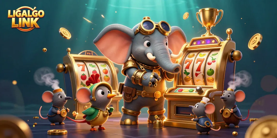 Experience the thrills of winning with LIGALGO LINK as a steampunk elephant operates a golden slot machine.