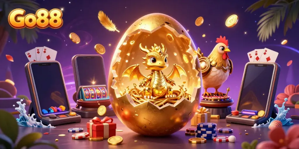 Go88 casino illustration with a baby dragon and golden chips amidst vibrant gaming elements.