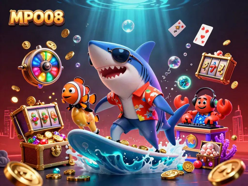 Engage with MPO08's vibrant casino experience featuring a surfing shark amidst gold coins and playful gaming elements.