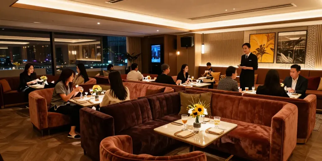 강남 타이밍의 고급스러운 내부 인테리어와 고객들이 즐기는 모습