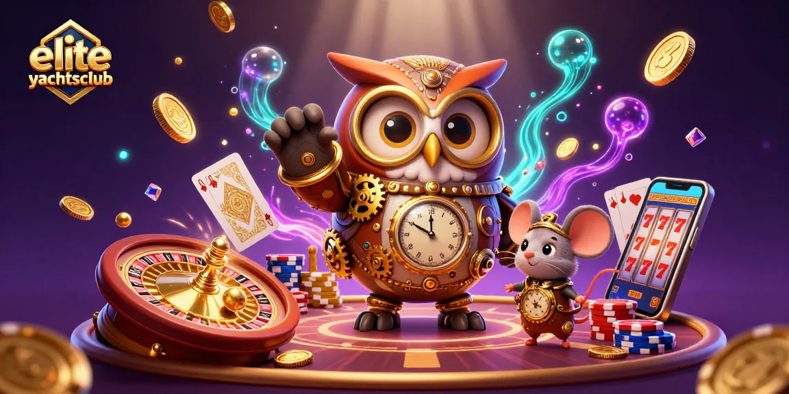 Experience eliteyachtsclub gaming with our unique time-traveler owl in a dynamic casino scene.
