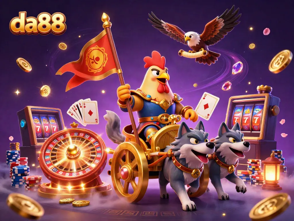 Experience the thrill of da88 with a rooster warlord on a golden chariot surrounded by casino treasures.