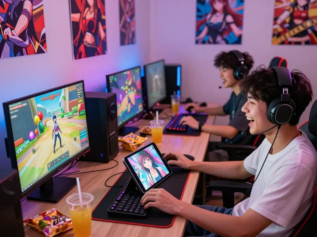 Players enjoying exciting hentai games on different devices in a cozy gaming environment.