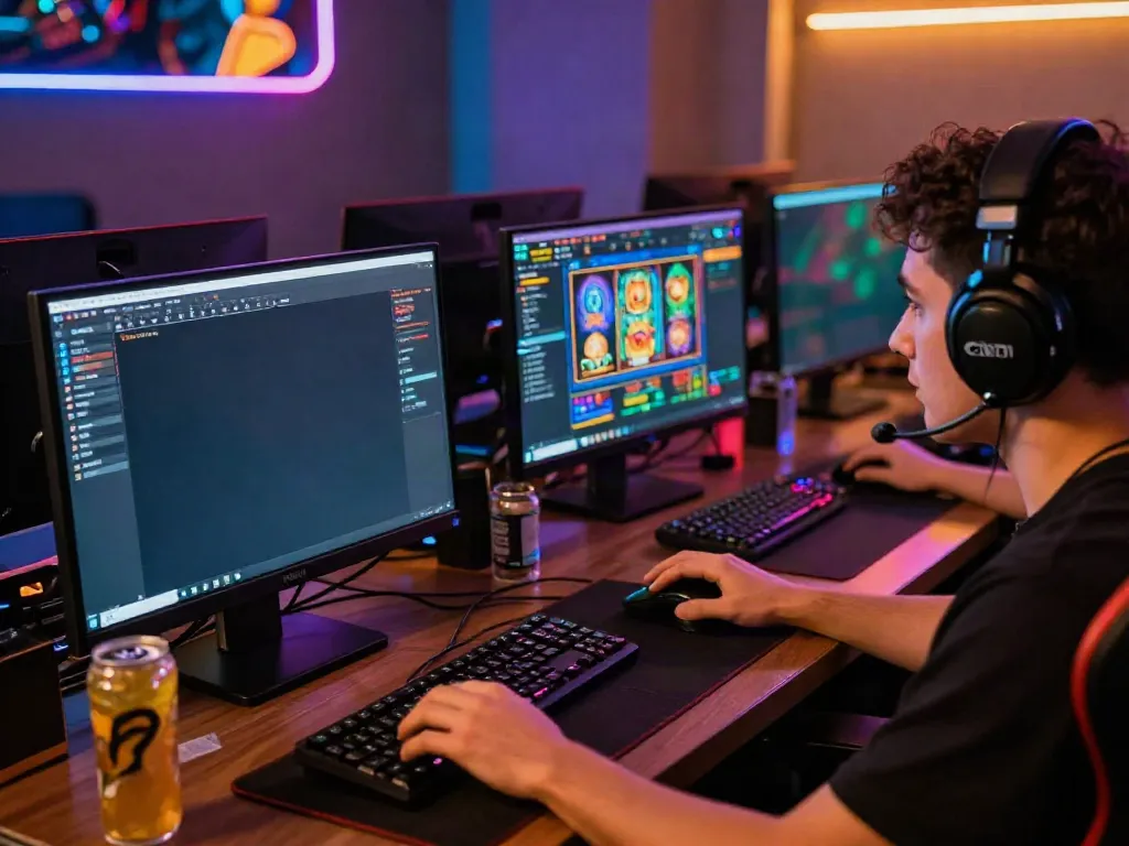 Engaged player enjoying qqmacan slot games on a high-definition display in a vibrant gaming setup.