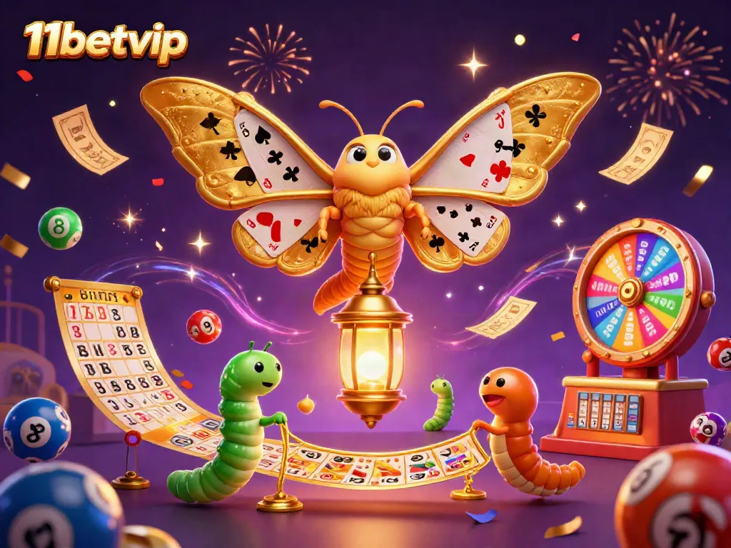 Engage with the colorful lottery experience of 11betvip in a vibrant casino-themed illustration.