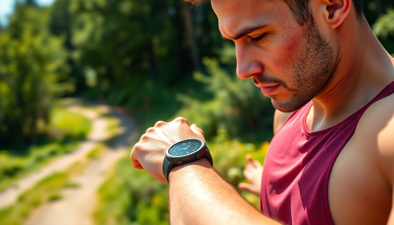 Athlete tracking fitness metrics with Garmin smartwatch during outdoor training.