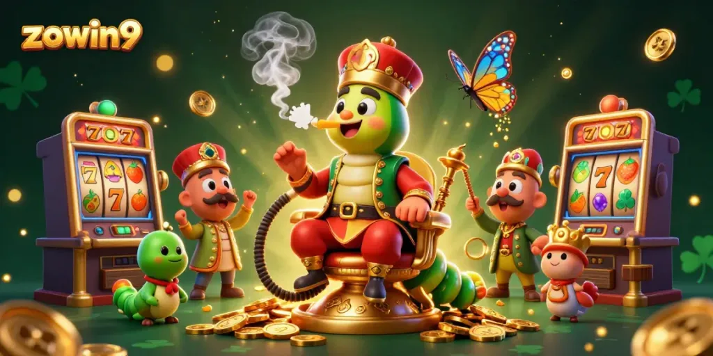 Win big with zowin9 as a whimsical caterpillar hookah-master oversees spinning slot machines and golden coins.