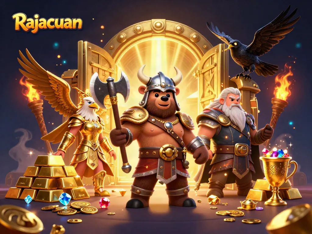 Rajacuan showcases a vibrant 3D cartoon Viking scene, bursting with jewels and casino elements for excitement.