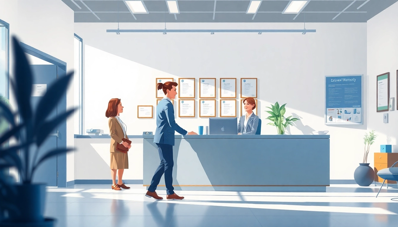 Engaging customer service at an extended warranty provider's modern office.