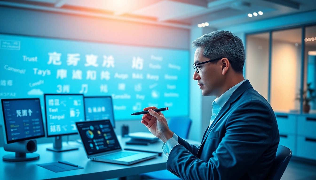 Dynamic office environment showcasing 有道翻译 technology for seamless language translation.