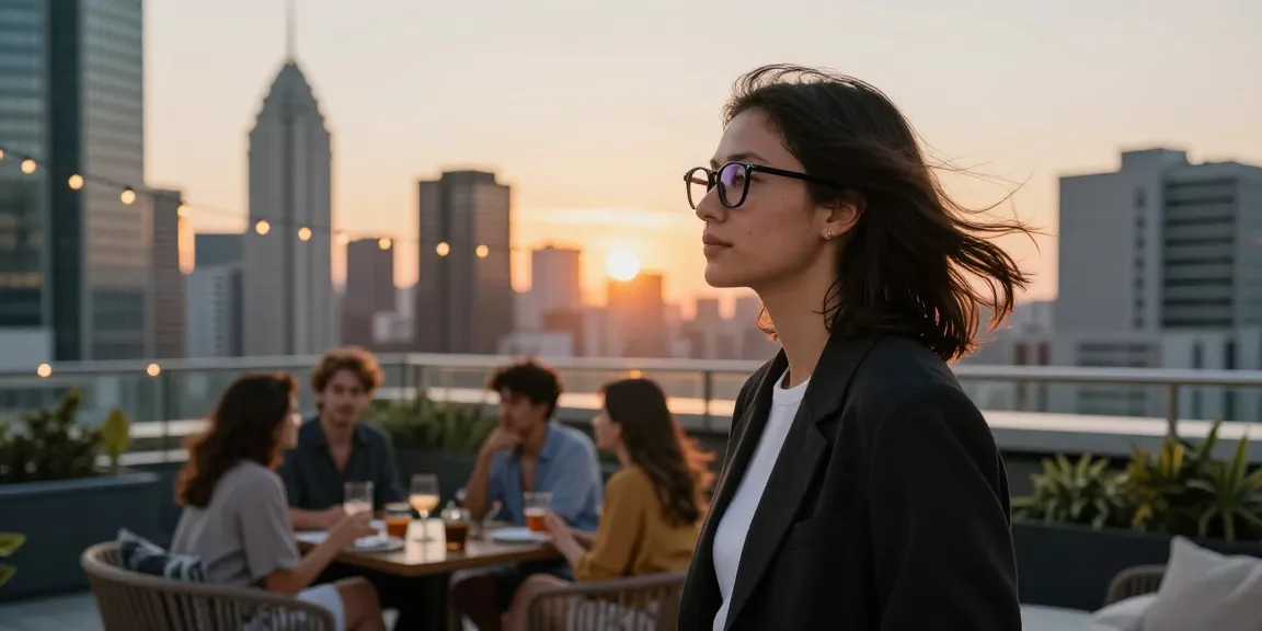 Person wearing óculos de grau enjoying a sunset city view with friends.