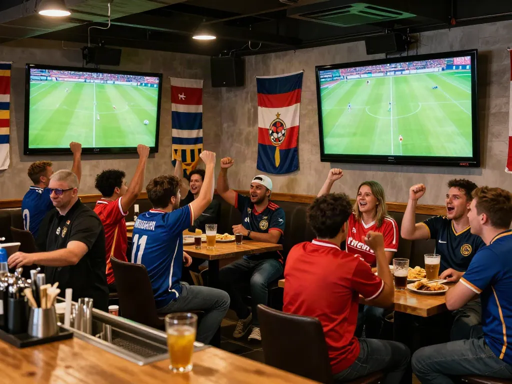 Fans enjoy live football matches at Thapcamtv in a lively sports bar environment.