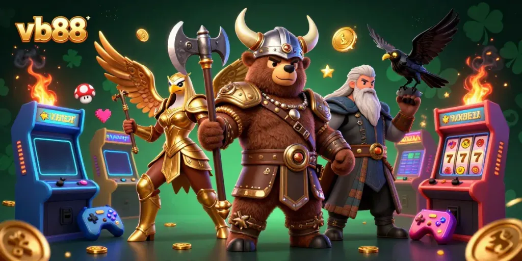 Join the excitement at vb88 with a dynamic 3D illustration of a Viking bear and Valkyrie eagle in a casino setting.