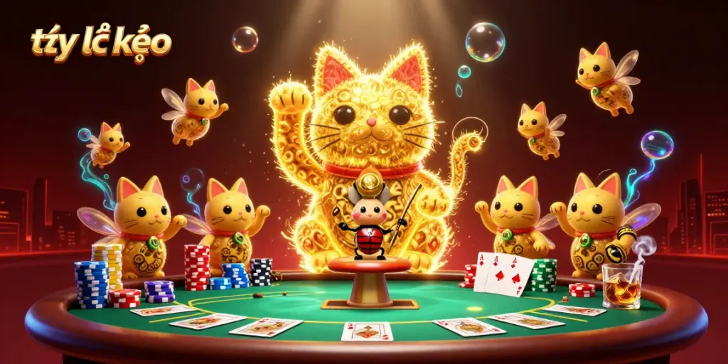 Discover the thrilling world of tỷ lệ kèo as golden fireflies form a lucky cat in this vibrant casino-themed illustration.