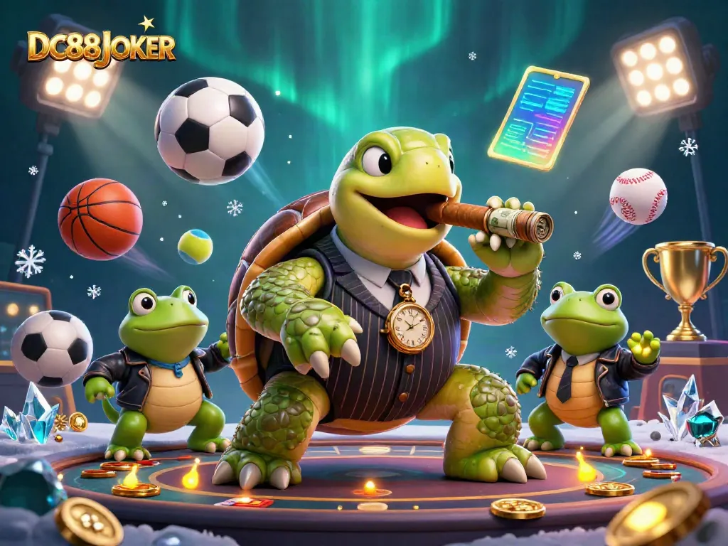 DC88JOKER casino scene featuring a snapping turtle and bullfrogs with dynamic sports elements.
