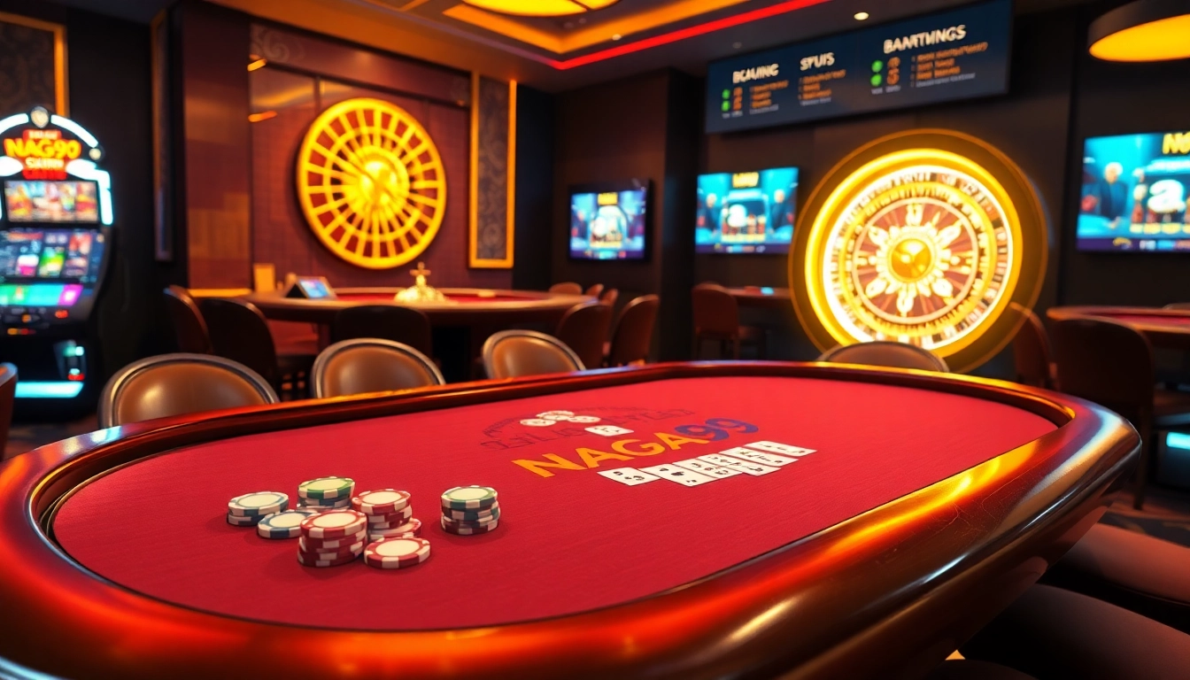 Naga99 poker table with vibrant chips and cards in an elegant casino setting.