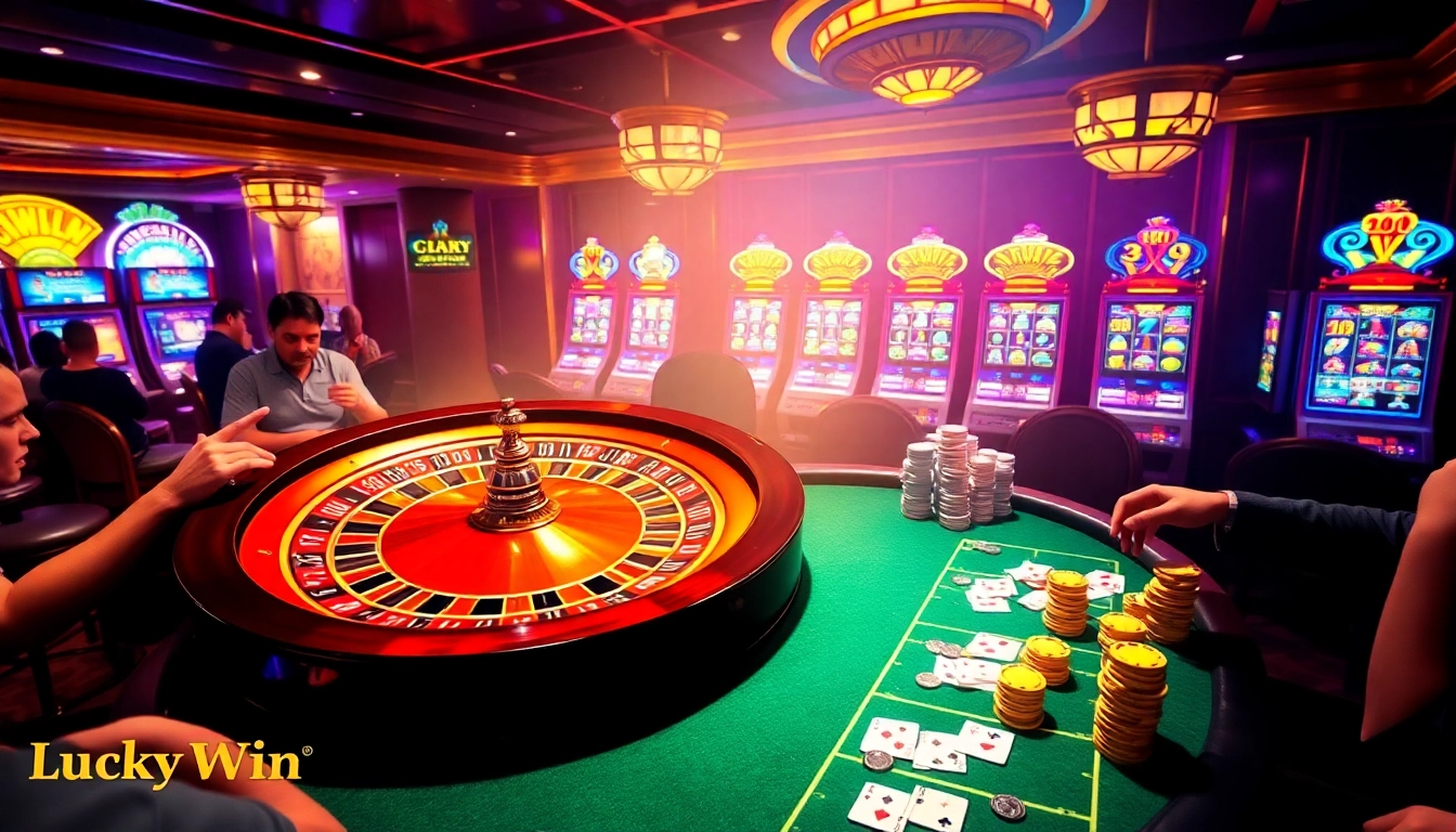 Experience the excitement of LuckyWin casino gaming with vibrant roulette and poker tables.