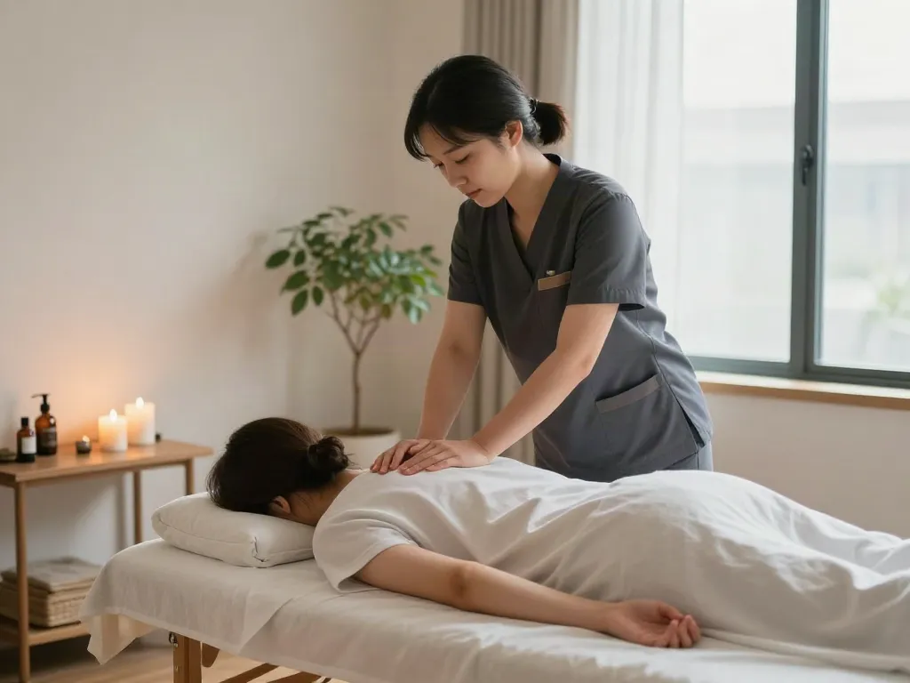 Relaxing 강남출장안마 with a professional therapist in a serene apartment.