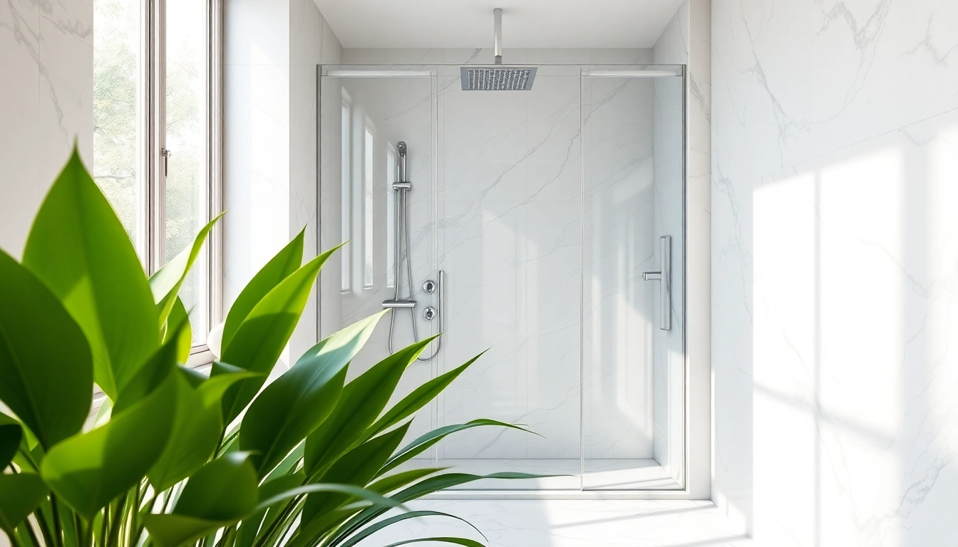 Experience elegant showers in a contemporary bathroom with lush greenery and natural light.
