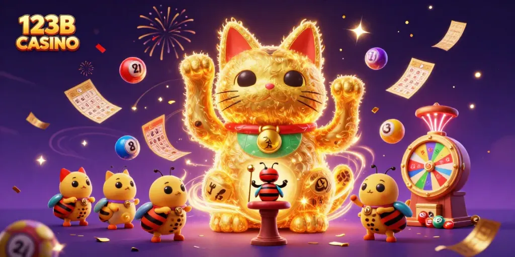 Experience the vibrant energy of 123B CASINO with its golden lucky cat and exciting game features.