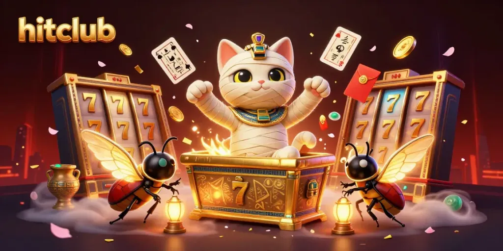 Engaging Hitclub 2026 scene with cartoon mummy cat and jackpot slots in dynamic casino setting