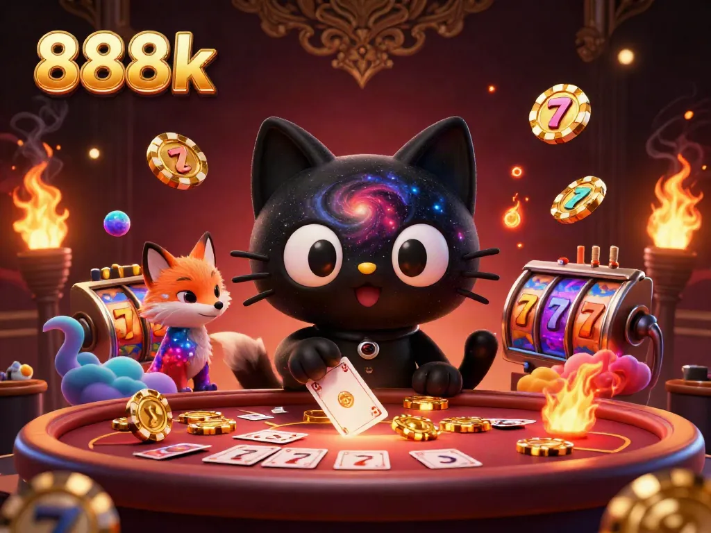 Experience the captivating 888k casino with a black hole cat and vibrant slot games.
