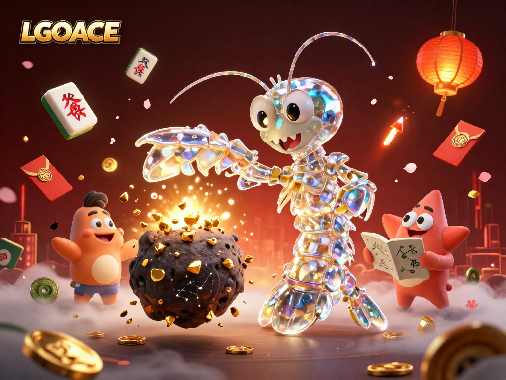 LGOACE showcases a vibrant 3D scene with a galactic mantis shrimp and starfish surrounded by casino treasures.