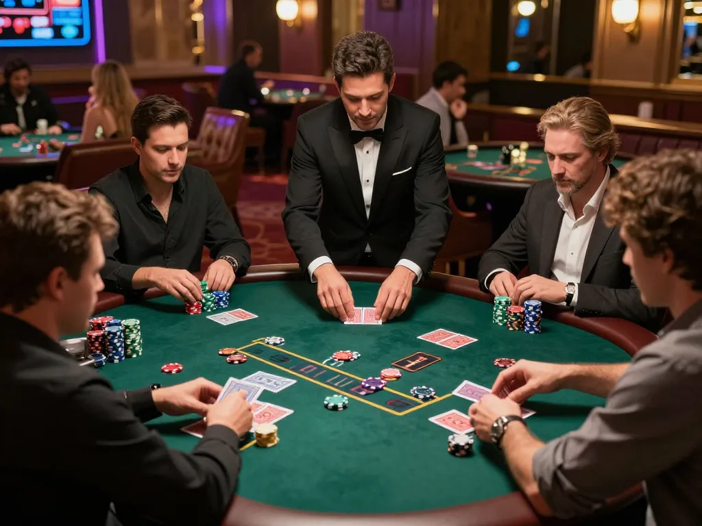 Play blackjack at MB66 casino table, with an intense game atmosphere and colorful chips.