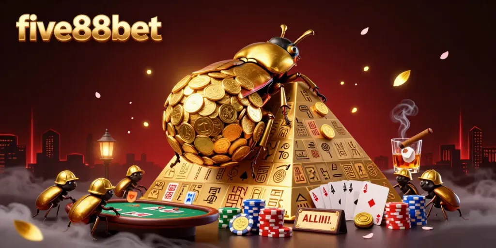 Join the adventure of five88bet with golden coins and festive casino elements in this vibrant illustration.