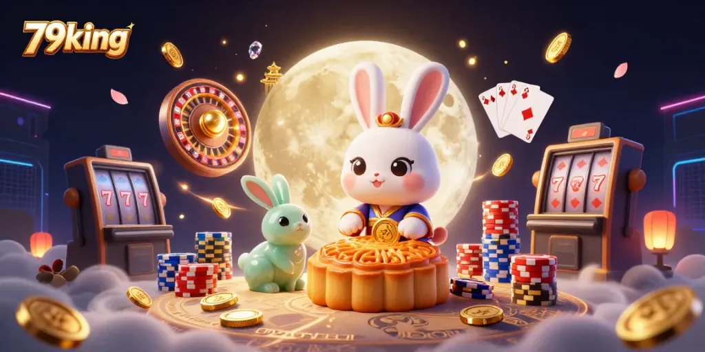 Experience the excitement of 79king with a vibrant 3D casino scene featuring a lucky moon rabbit and dazzling game elements.