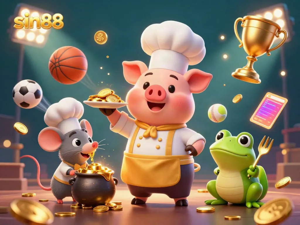 Experience the thrill of sin88 as a chef pig presents gold coins in a vibrant casino setting.