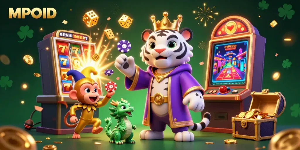 MPOID enhances gaming excitement with vibrant characters and a dynamic casino scene illustrated in rich detail.
