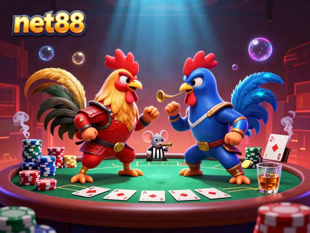 Engage with thrilling poker action at net88 featuring fighting roosters in dynamic casino scene.