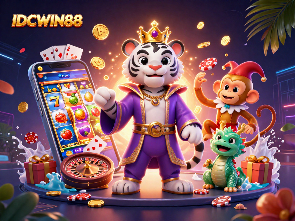 Experience winning excitement with IDCWIN88 in a vibrant casino-themed 3D illustration.