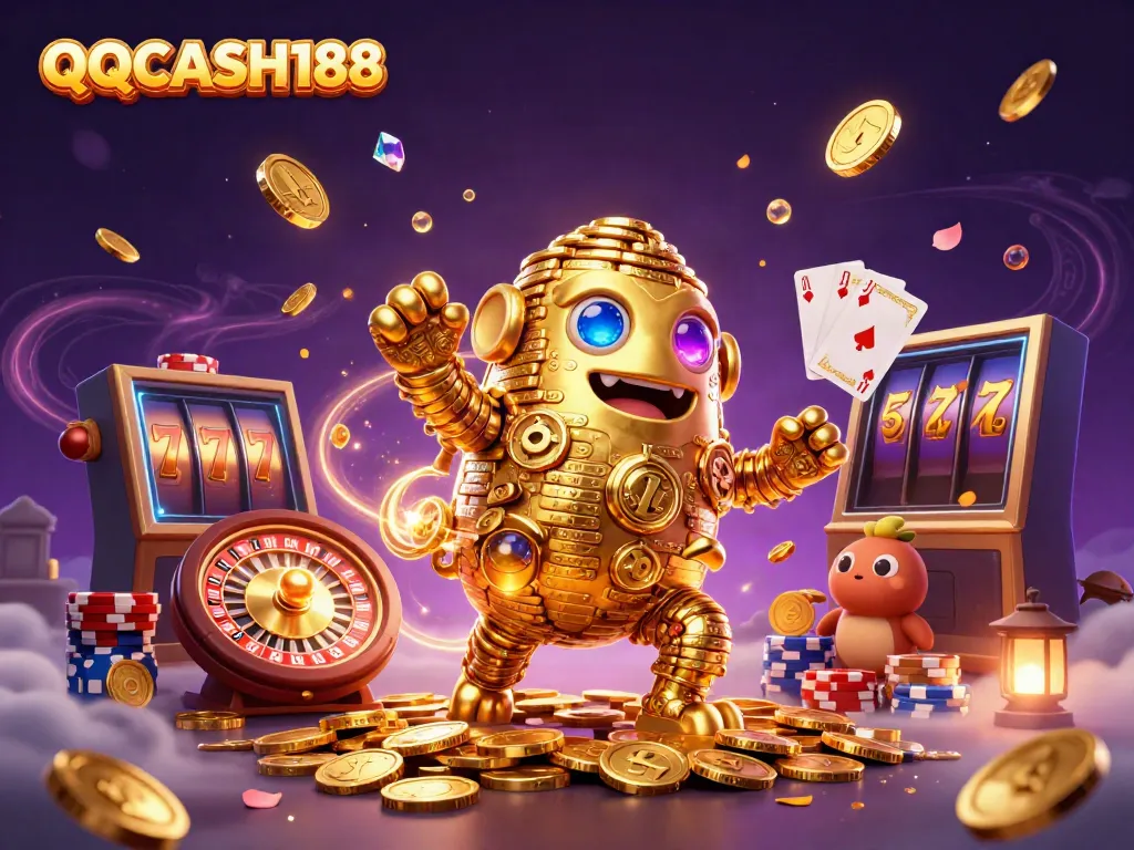 Experience the thrill of QQCASH188 with a vibrant, dynamic casino illustration showing a golden golem adorned with lucky symbols.