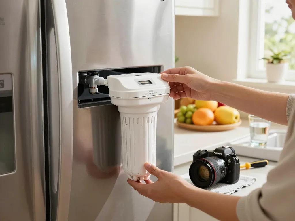 Person installing the Waterdrop Plus DA29-00003G NSF 401 Refrigerator Water Filter in a modern kitchen, showcasing maintenance and freshness.
