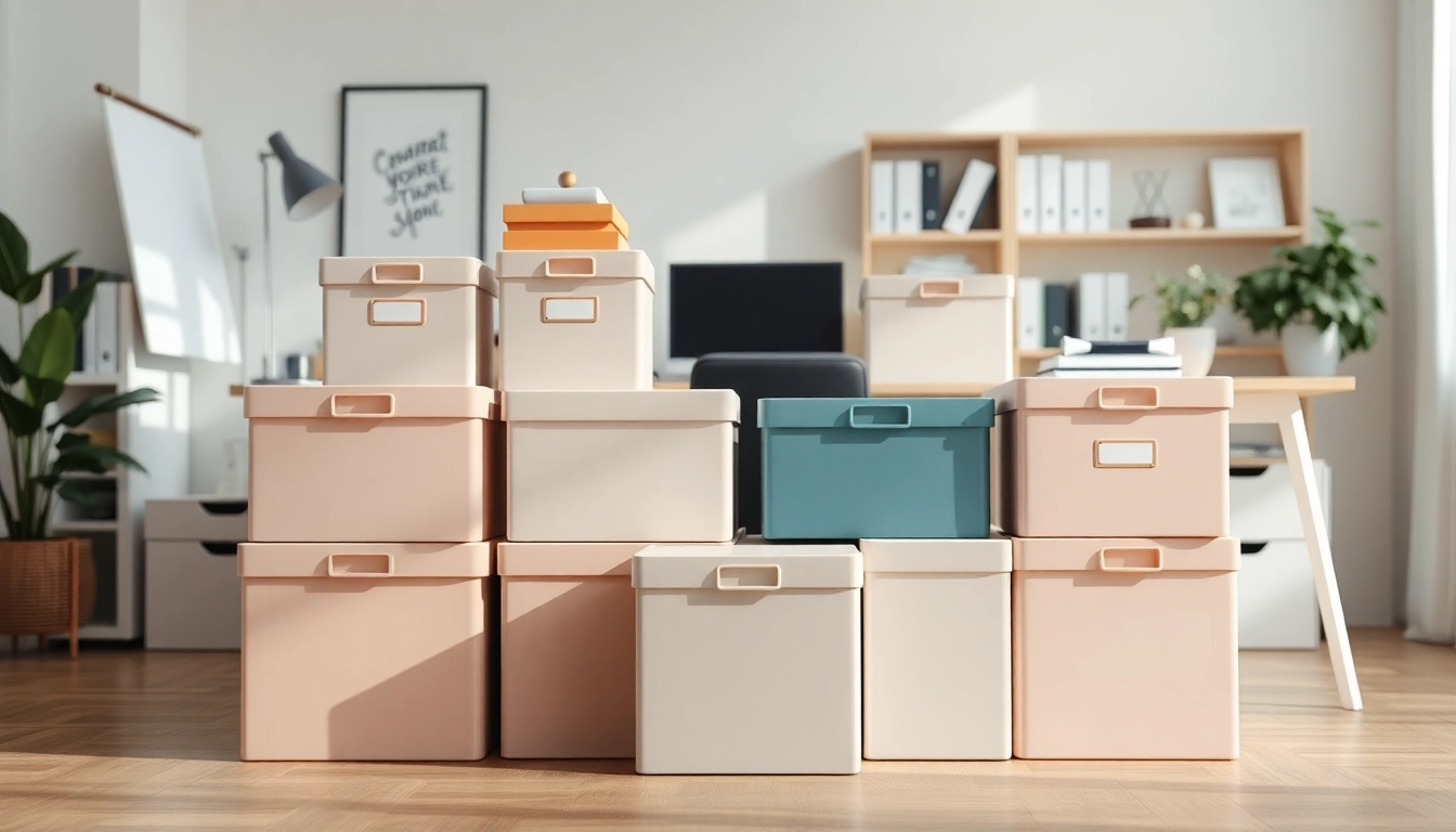 Organized storage box options enhancing a home office workspace.