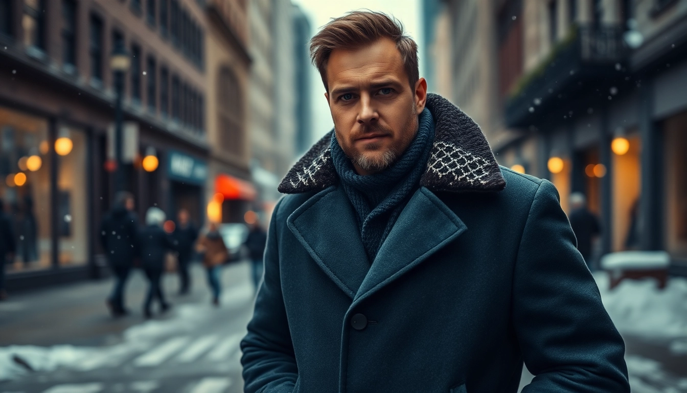 Stylish winter coats men showcased on a confident figure in a snowy urban scene.