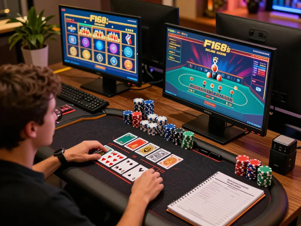 Engaged player strategizing wins on F168 online casino screens, showcasing vibrant slots and blackjack games.