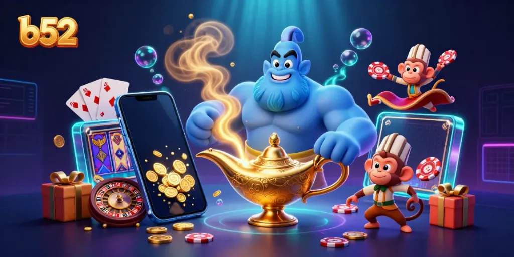 Win big with b52 in this enchanting 3D scene featuring a genie, monkey, and poker chips.