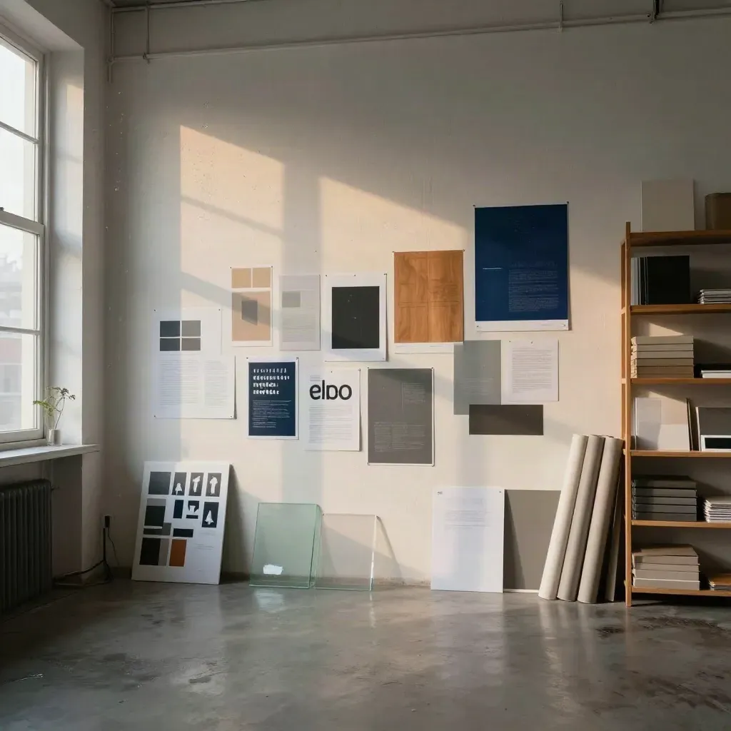 Moody creative studio loft with identity wall, maquettes, posters, and shelving in dramatic morning light.
