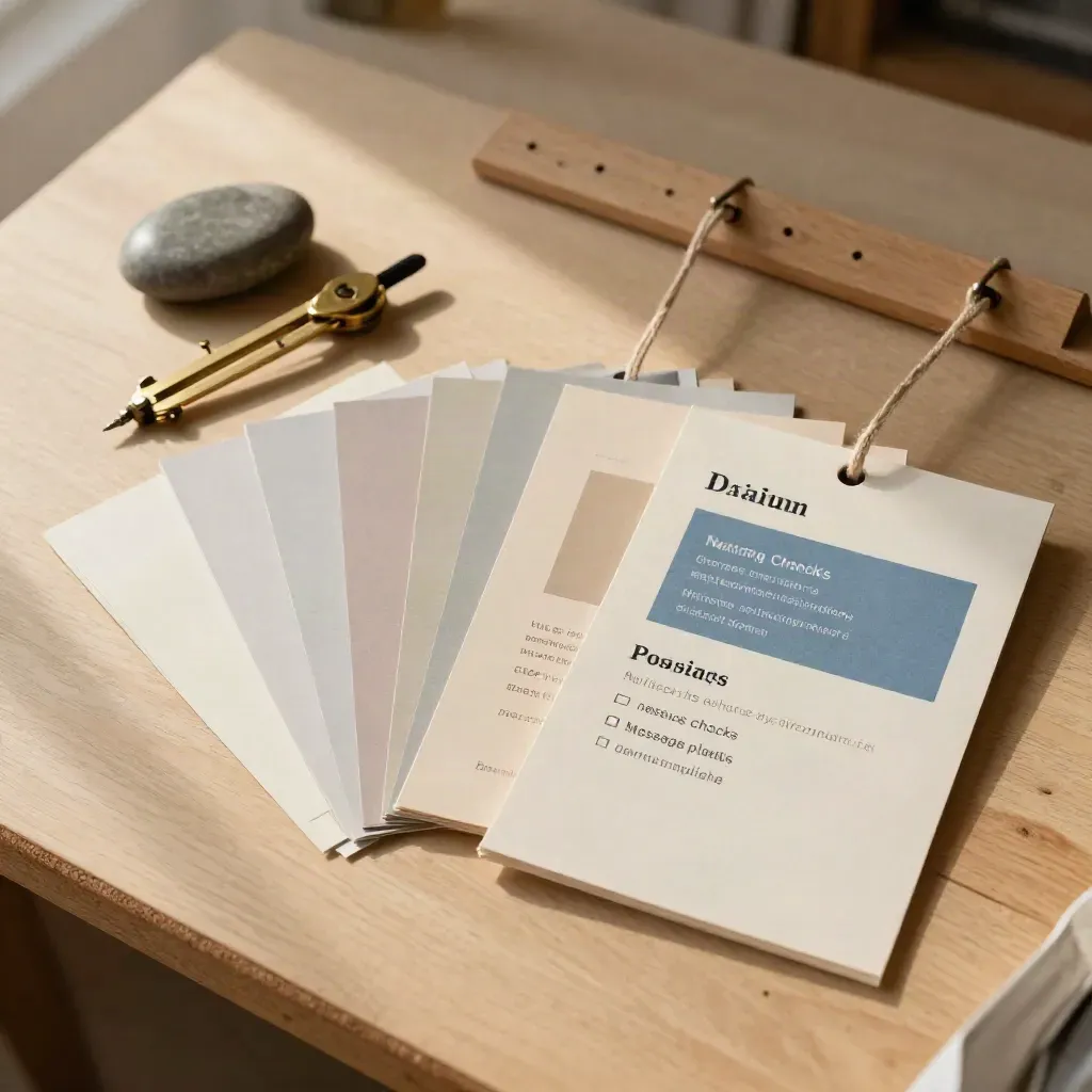 Overhead strategy cards, compass, stone weight, and threaded pinboard on warm oak.