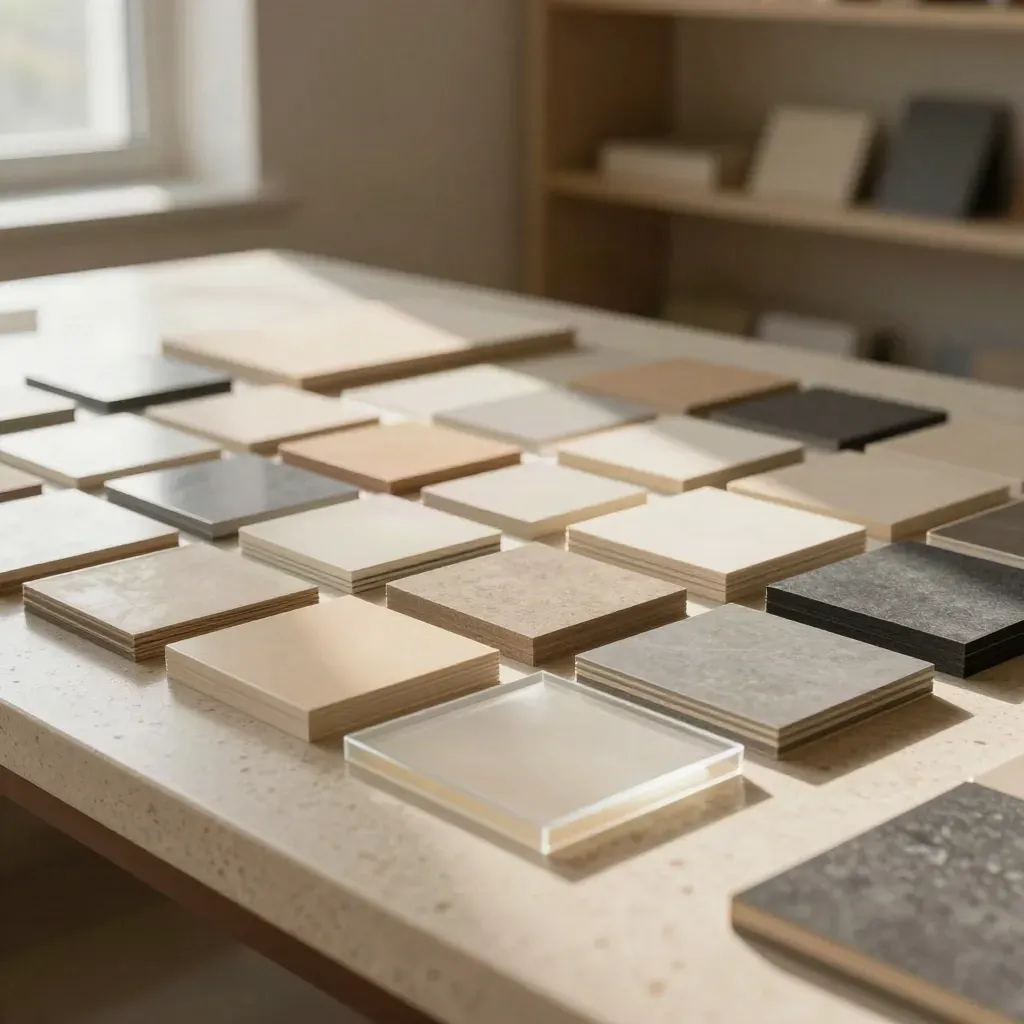 Layered brand guide materials on travertine with acetate sheets and color chips
